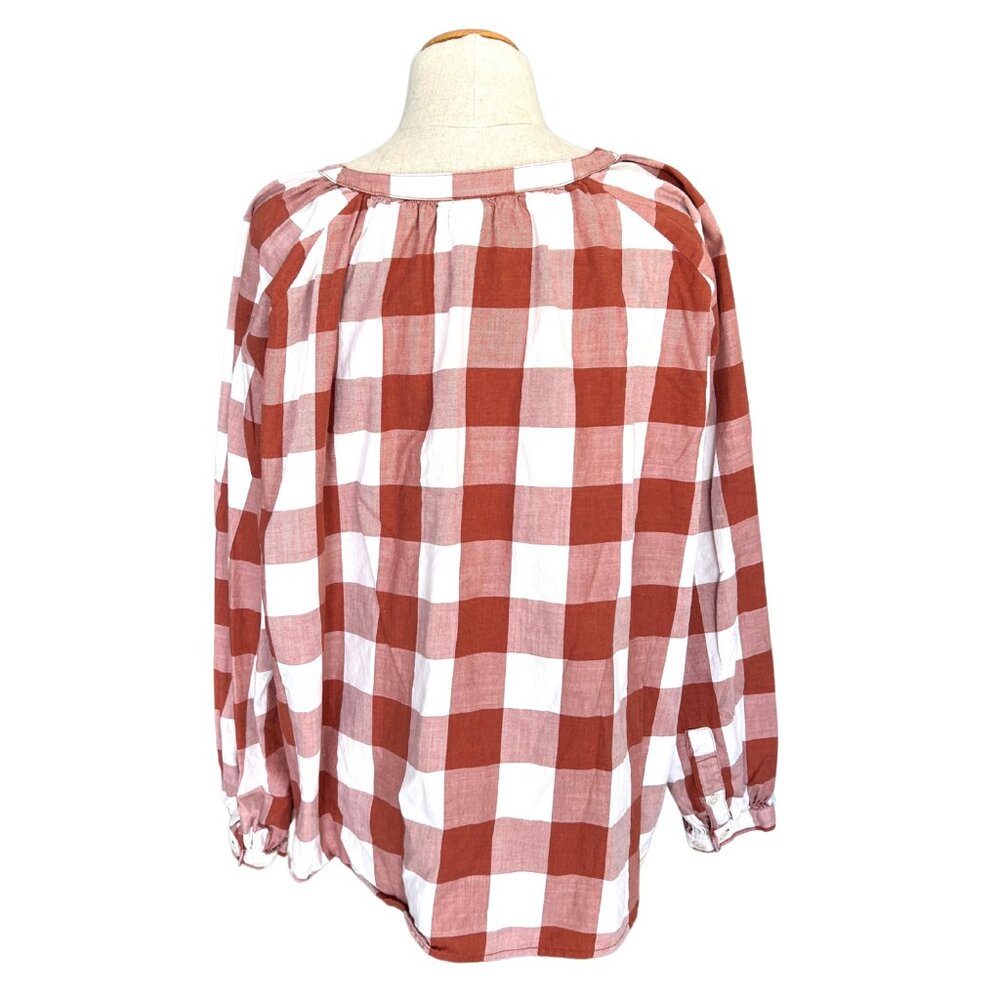 Duluth Trading Co Printmaker Blouse Women L Orange Check Organic Cotton Button - Picture 2 of 9